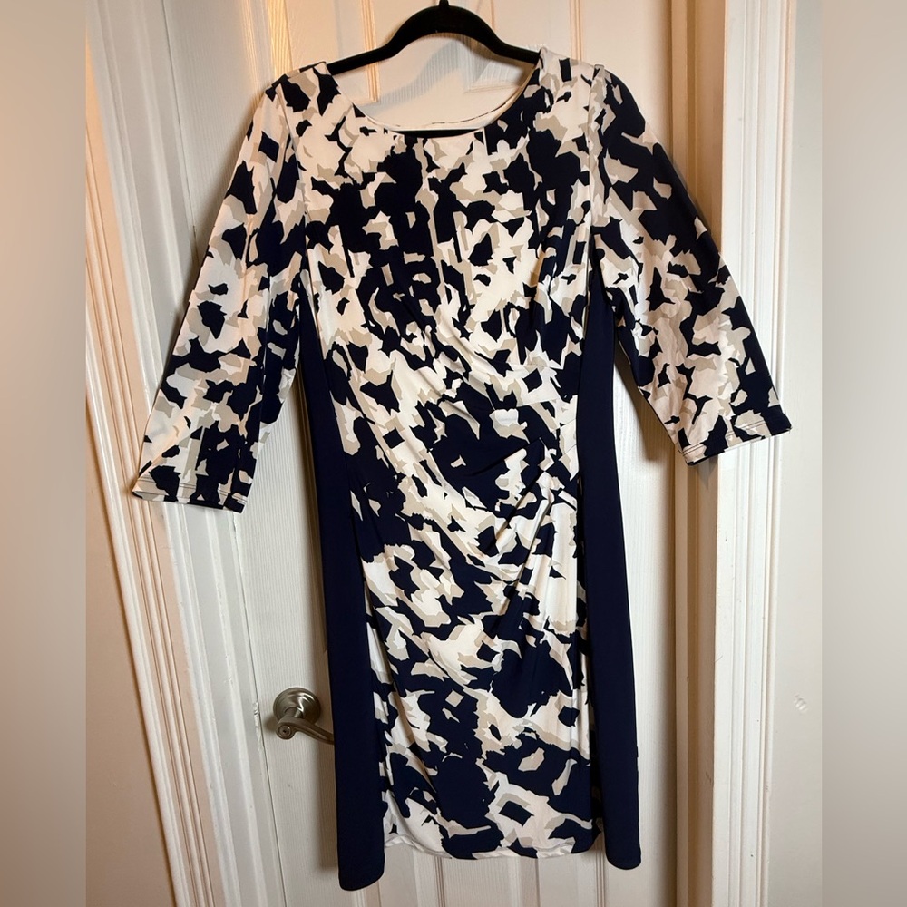 Old Money Ralph Lauren Navy Blue Block Abstract Print Sheath Power Glam Dress